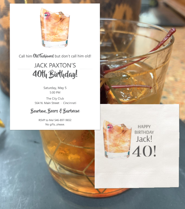 old fashioned cocktail napkins and invitation