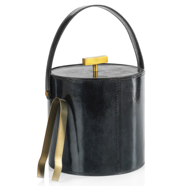 navy leather ice bucket with gold tongs